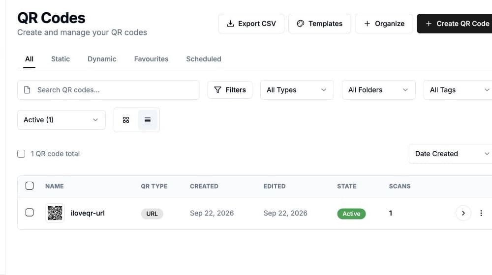 iLoveQR dashboard for creating and managing QR codes